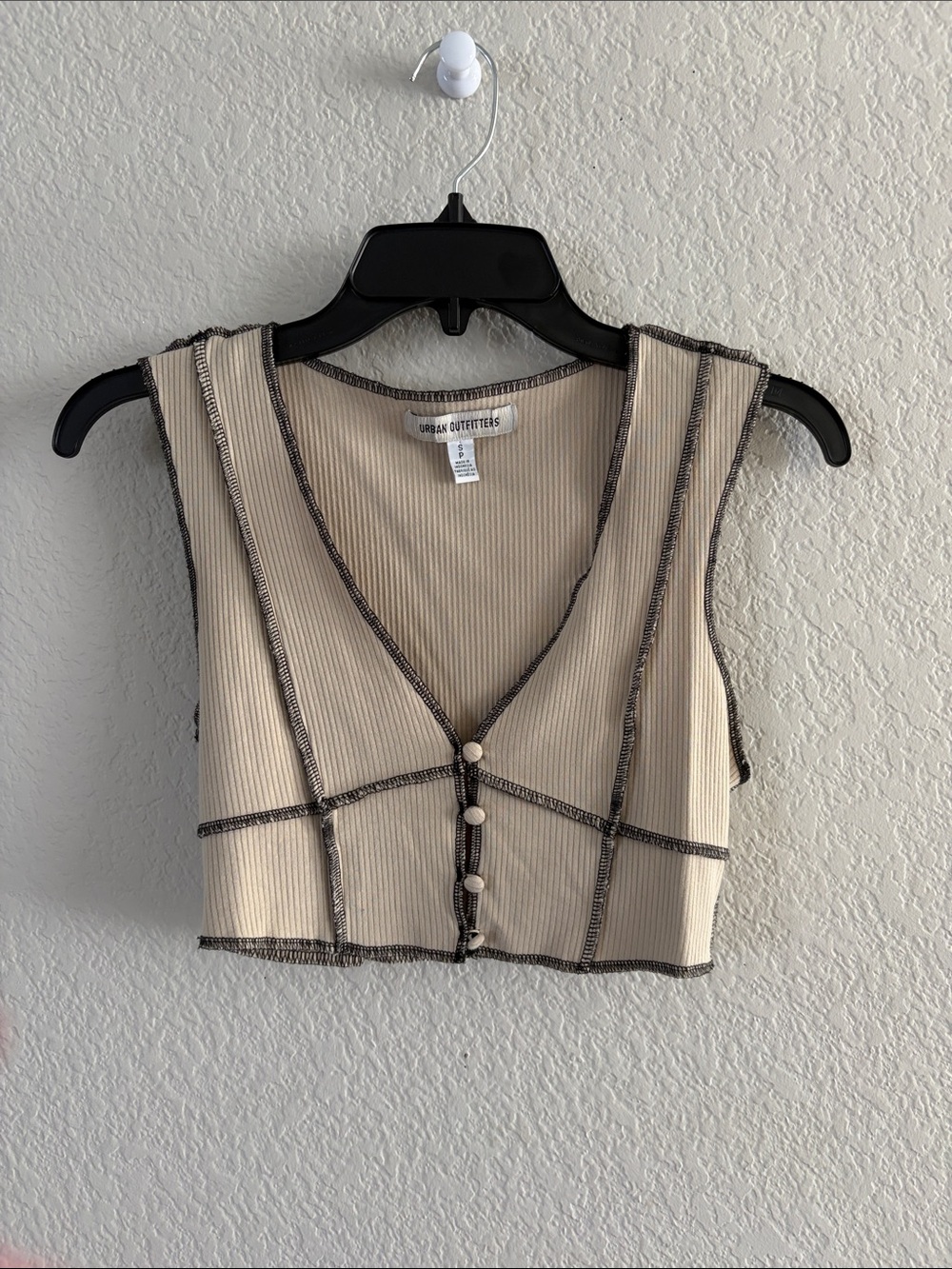 Urban Outfitters Cream Ribbed Contrast-Stitch Button Crop Top